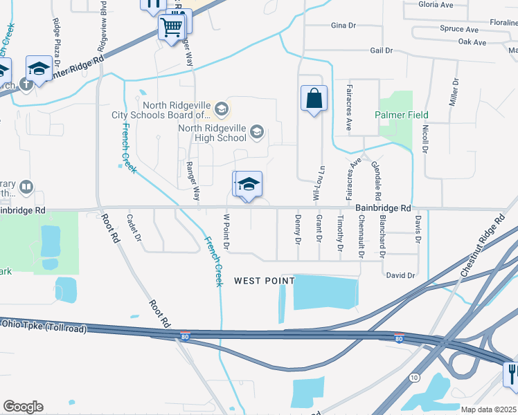 map of restaurants, bars, coffee shops, grocery stores, and more near 34580 Bainbridge Road in North Ridgeville