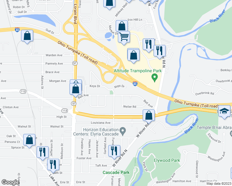 map of restaurants, bars, coffee shops, grocery stores, and more near 600 Bell Avenue in Elyria