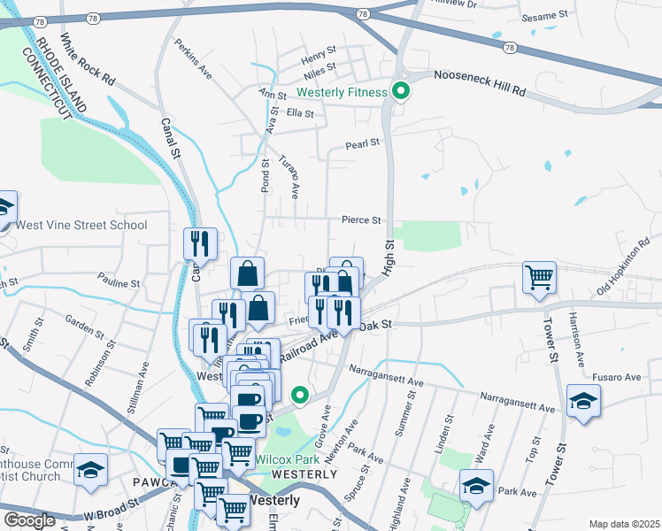 map of restaurants, bars, coffee shops, grocery stores, and more near 20a Pleasant Street in Westerly