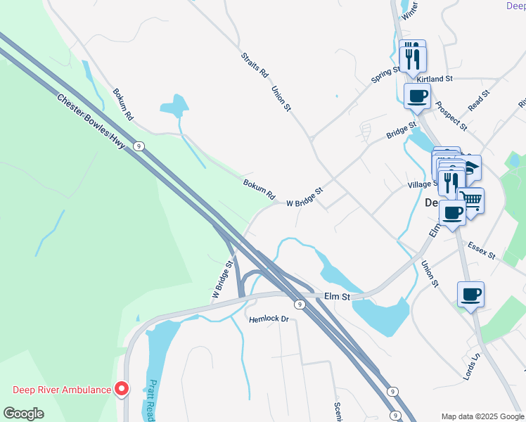 map of restaurants, bars, coffee shops, grocery stores, and more near 127 West Bridge Street in Deep River
