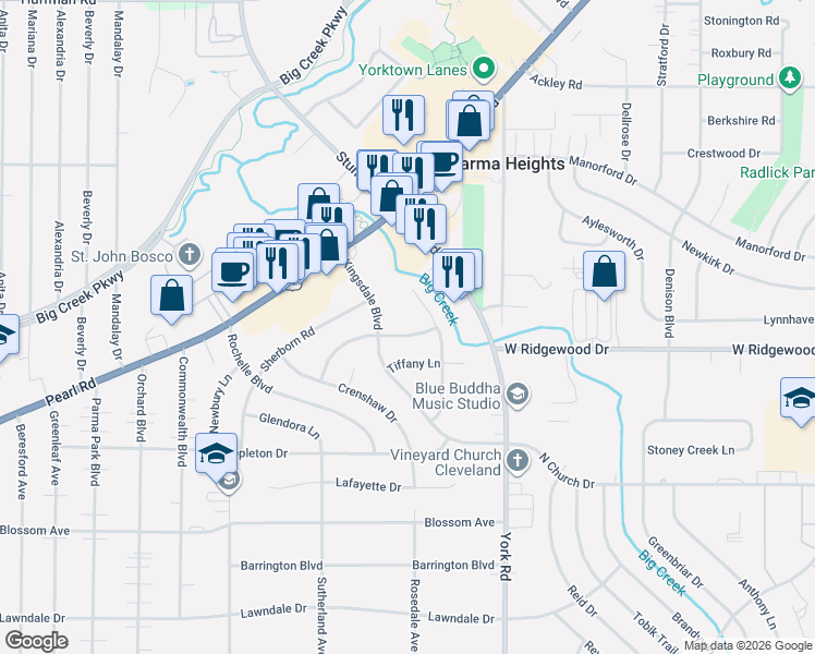 map of restaurants, bars, coffee shops, grocery stores, and more near 10864 Holliston Lane in Parma Heights