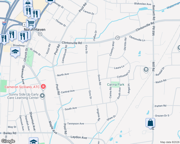 map of restaurants, bars, coffee shops, grocery stores, and more near 52 Grove Road in North Haven