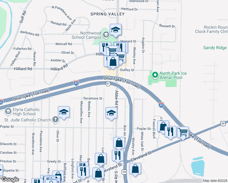 map of restaurants, bars, coffee shops, grocery stores, and more near 411 Longfellow Street in Elyria