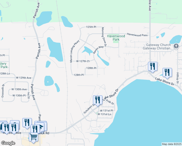 map of restaurants, bars, coffee shops, grocery stores, and more near 8820 West 128th Court in Cedar Lake