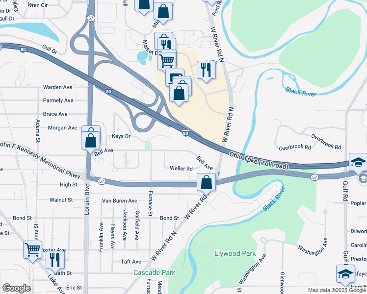 map of restaurants, bars, coffee shops, grocery stores, and more near 642 Bell Ave in Elyria