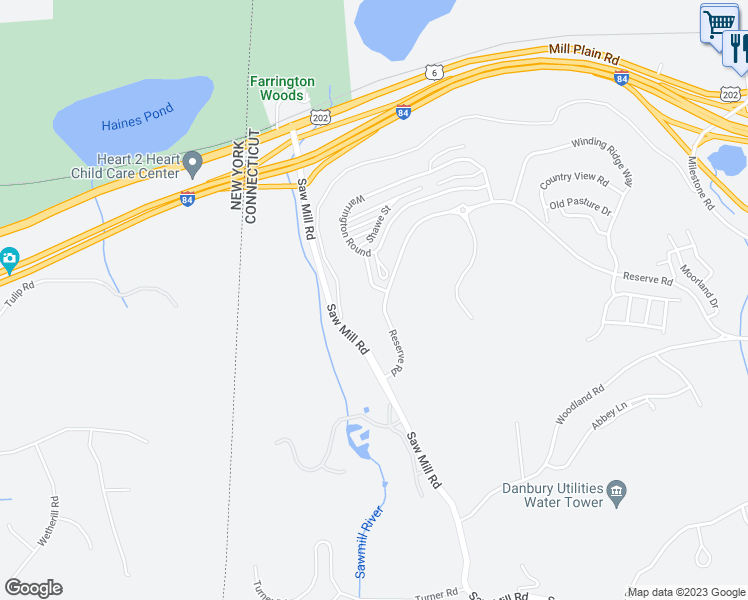 map of restaurants, bars, coffee shops, grocery stores, and more near 5 Reserve Road in Danbury