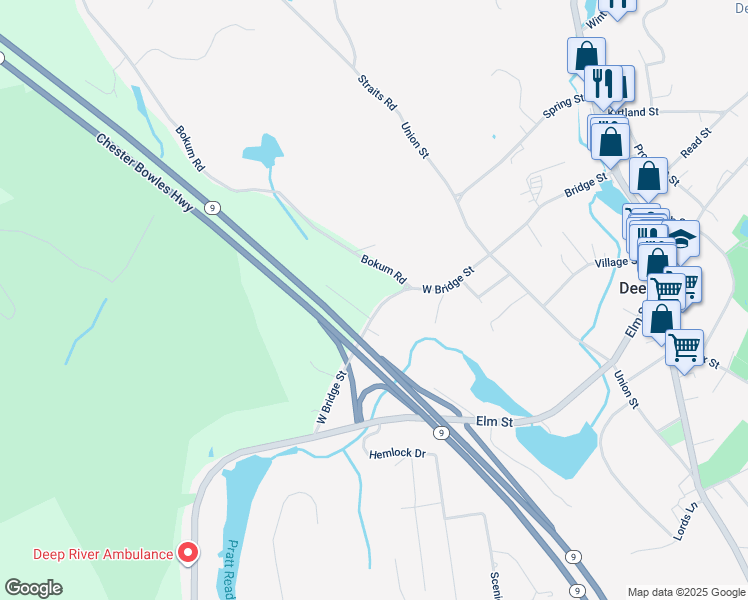 map of restaurants, bars, coffee shops, grocery stores, and more near 127 West Bridge Street in Deep River