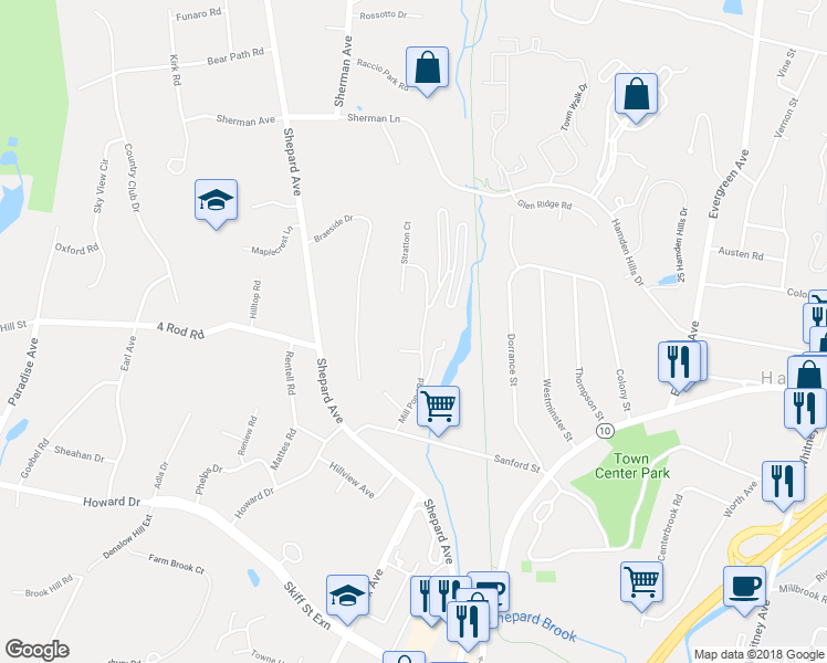 map of restaurants, bars, coffee shops, grocery stores, and more near 112 Mill pond Road in Hamden