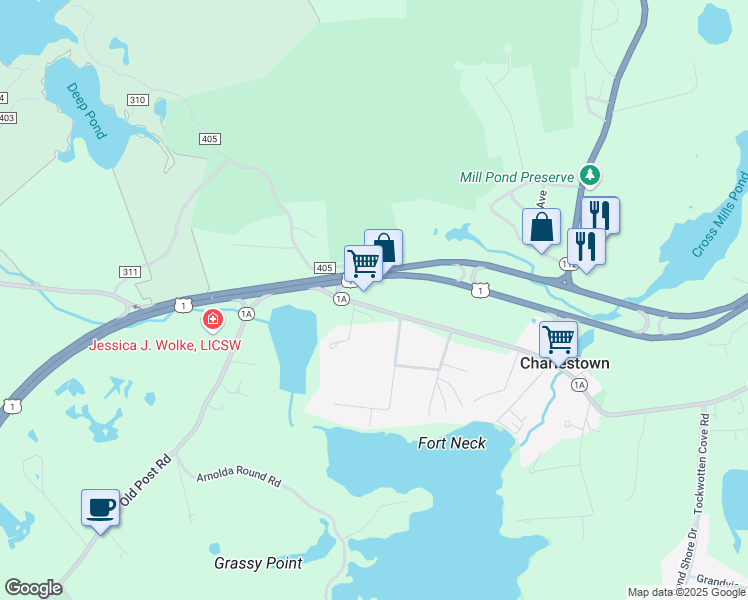 map of restaurants, bars, coffee shops, grocery stores, and more near 4625 Old Post Road in Charlestown