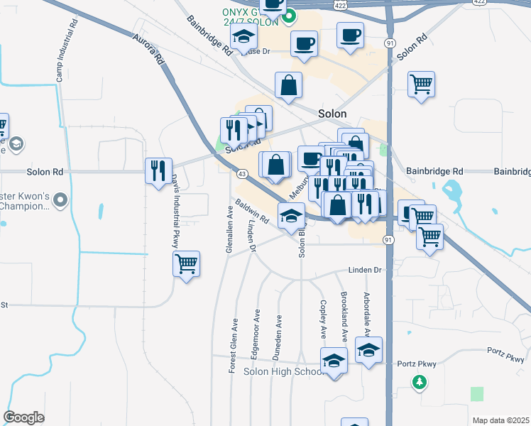 map of restaurants, bars, coffee shops, grocery stores, and more near 32831 Baldwin Road in Solon