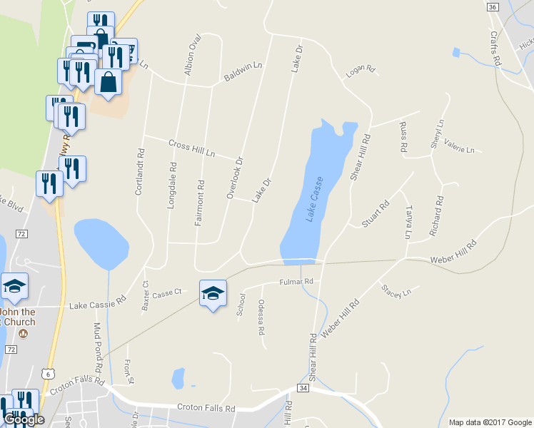 map of restaurants, bars, coffee shops, grocery stores, and more near 88 Lake Drive in Mahopac