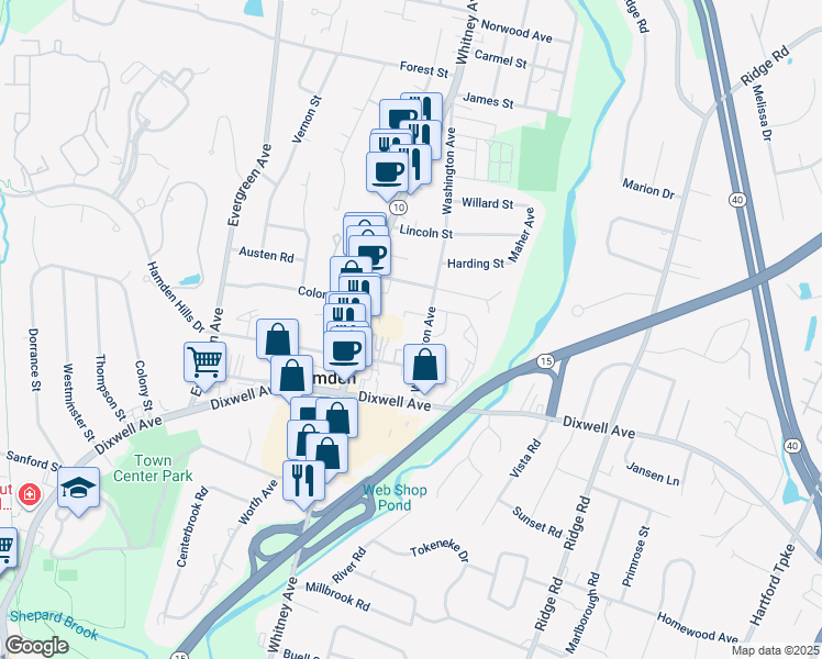 map of restaurants, bars, coffee shops, grocery stores, and more near 61 Washington Avenue in Hamden