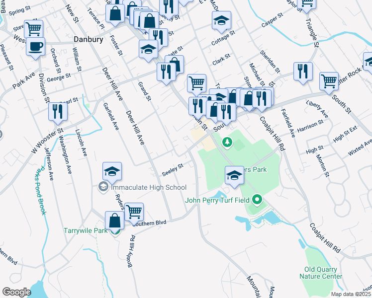 map of restaurants, bars, coffee shops, grocery stores, and more near 168 South Street in Danbury