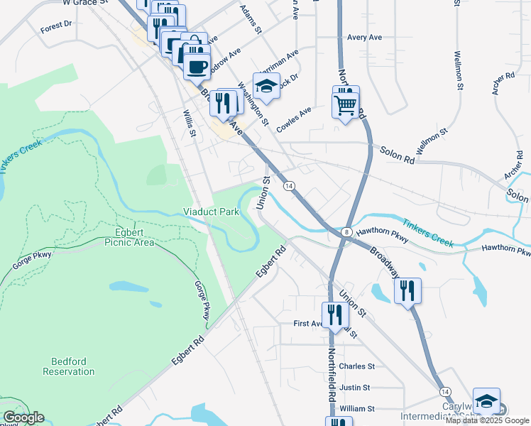 map of restaurants, bars, coffee shops, grocery stores, and more near 81 Union Street in Bedford
