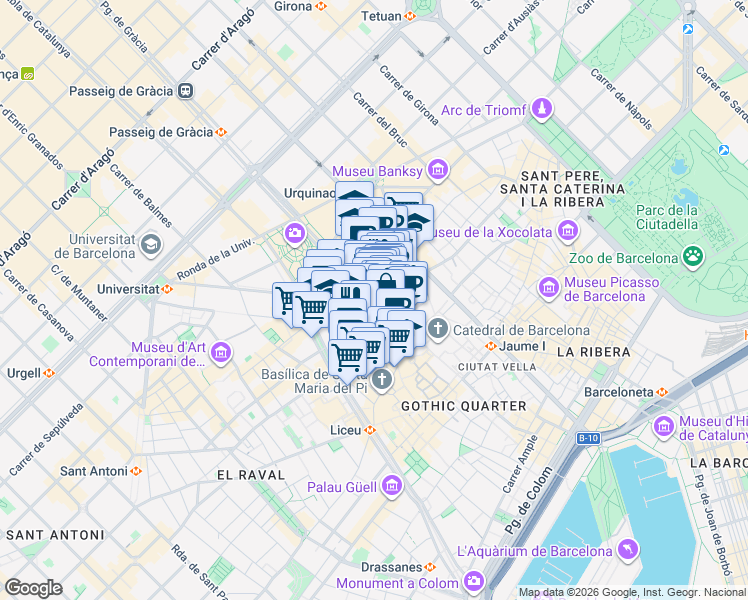 map of restaurants, bars, coffee shops, grocery stores, and more near 11 Avinguda del Portal de l'Àngel in Barcelona