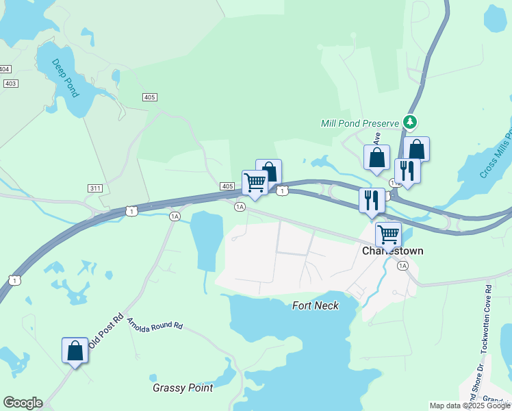 map of restaurants, bars, coffee shops, grocery stores, and more near 4625 Old Post Road in Charlestown