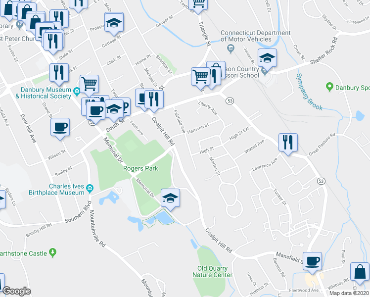 map of restaurants, bars, coffee shops, grocery stores, and more near 16 Fairfield Avenue in Danbury