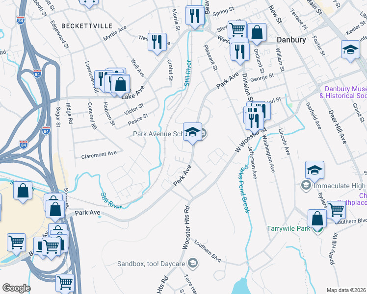 map of restaurants, bars, coffee shops, grocery stores, and more near 93 Park Avenue in Danbury