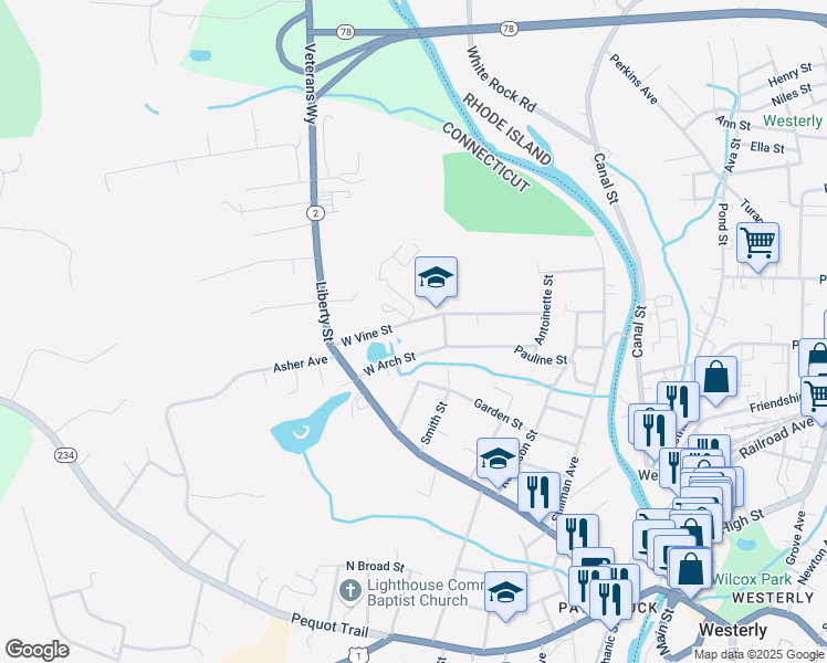 map of restaurants, bars, coffee shops, grocery stores, and more near 17 West Arch Street in Stonington