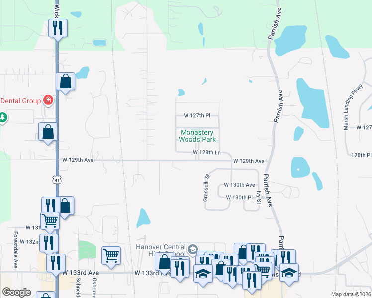 map of restaurants, bars, coffee shops, grocery stores, and more near 10128 West 128th Lane in Cedar Lake