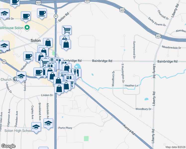map of restaurants, bars, coffee shops, grocery stores, and more near 34750 Bainbridge Road in Solon