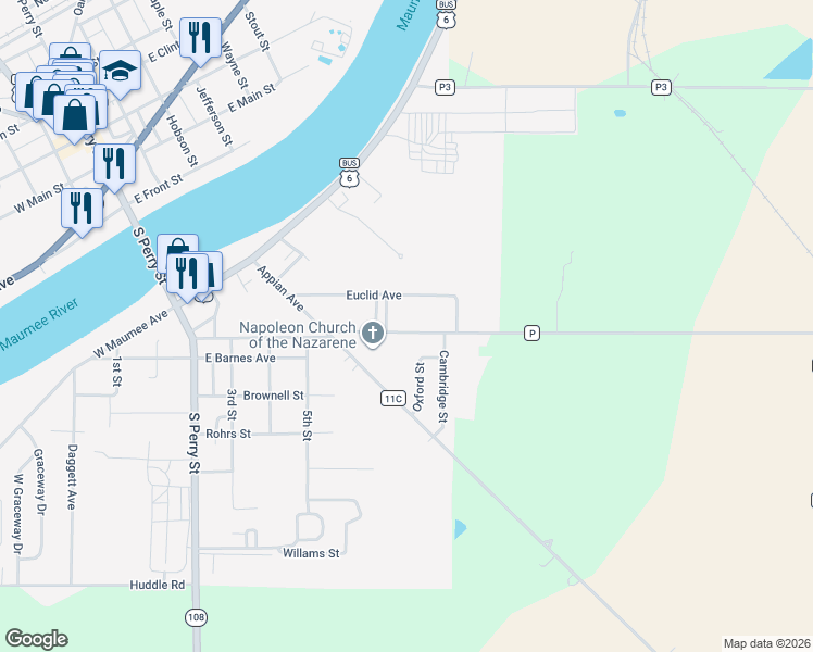 map of restaurants, bars, coffee shops, grocery stores, and more near 614 Beckham Street in Napoleon