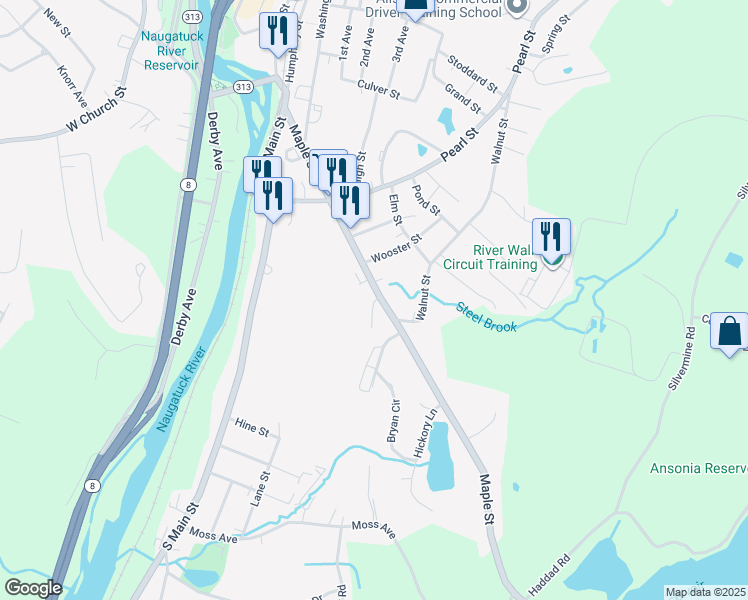 map of restaurants, bars, coffee shops, grocery stores, and more near 12 Marie Drive in Seymour