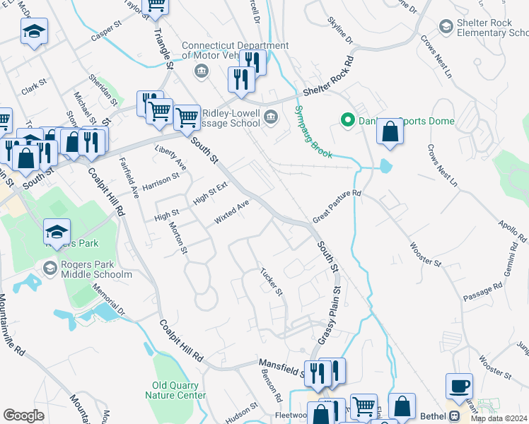 map of restaurants, bars, coffee shops, grocery stores, and more near 21A Wixted Avenue in Danbury