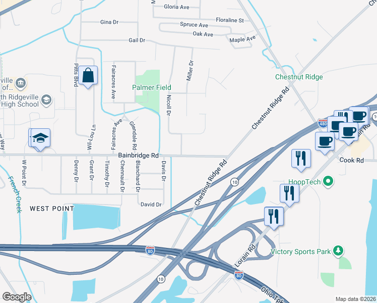 map of restaurants, bars, coffee shops, grocery stores, and more near 33615 Bainbridge Road in North Ridgeville
