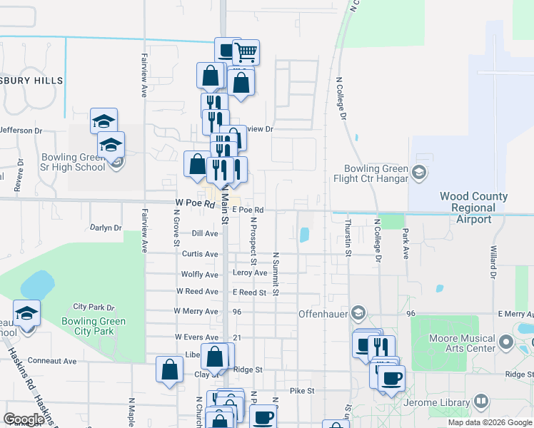 map of restaurants, bars, coffee shops, grocery stores, and more near 939 North Summit Street in Bowling Green