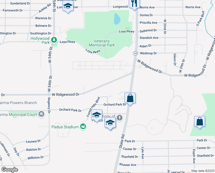map of restaurants, bars, coffee shops, grocery stores, and more near 4405 West Ridgewood Drive in Parma