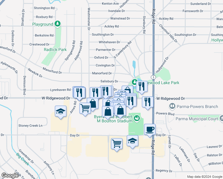 map of restaurants, bars, coffee shops, grocery stores, and more near S Canterbury Rd & Stratford Dr in Parma
