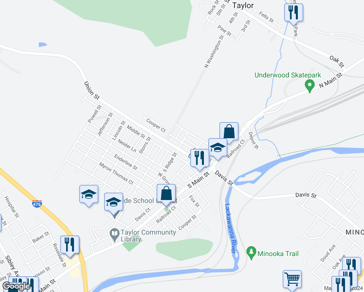 map of restaurants, bars, coffee shops, grocery stores, and more near 232 Union Street in Taylor