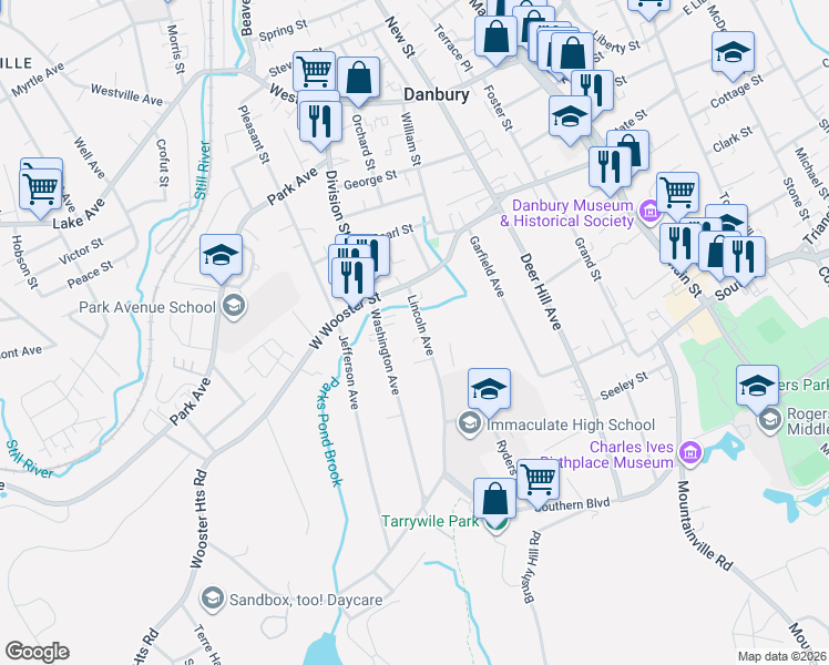 map of restaurants, bars, coffee shops, grocery stores, and more near 44 Lincoln Avenue in Danbury