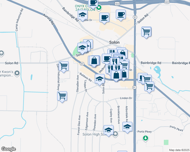 map of restaurants, bars, coffee shops, grocery stores, and more near 33170 Aurora Road in Solon