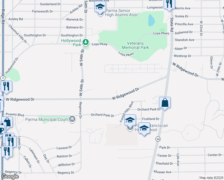 map of restaurants, bars, coffee shops, grocery stores, and more near 4706 West Ridgewood Drive in Parma