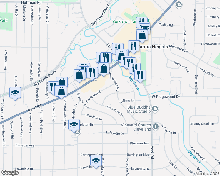 map of restaurants, bars, coffee shops, grocery stores, and more near 6455 Sherborn Road in Parma Heights