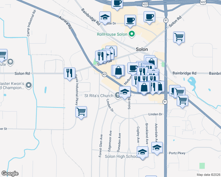map of restaurants, bars, coffee shops, grocery stores, and more near 32831 Baldwin Road in Solon