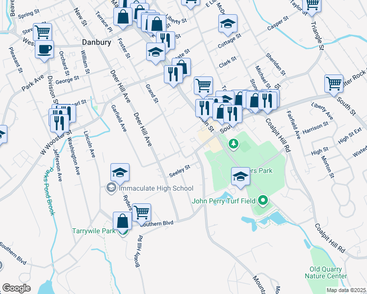 map of restaurants, bars, coffee shops, grocery stores, and more near 7 Grand St in Danbury