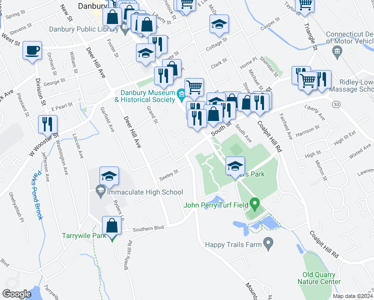 map of restaurants, bars, coffee shops, grocery stores, and more near 165 South Street in Danbury