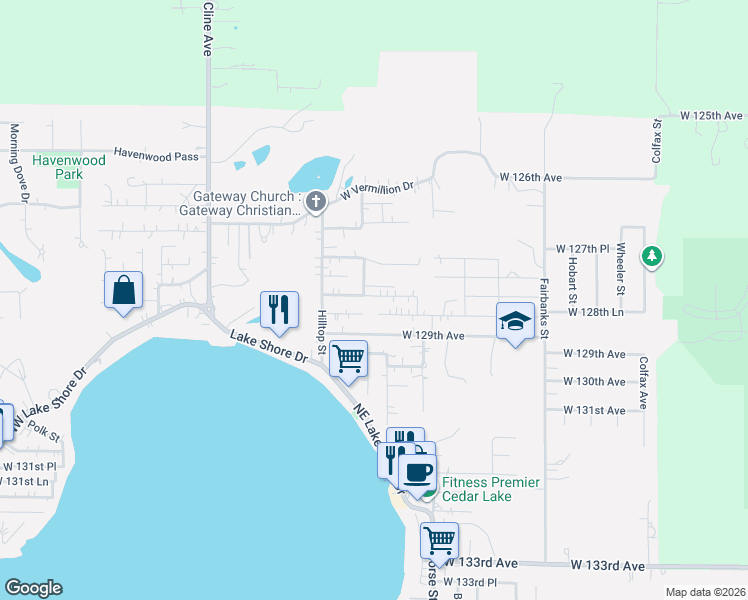 map of restaurants, bars, coffee shops, grocery stores, and more near 7325 West 128th Place in Cedar Lake