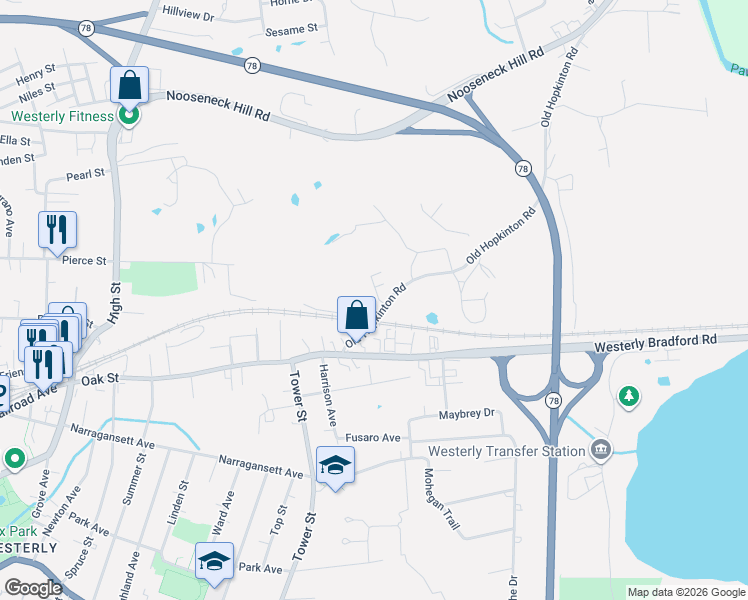 map of restaurants, bars, coffee shops, grocery stores, and more near 83 North Granite Avenue in Westerly
