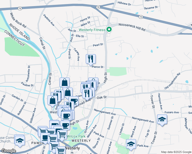 map of restaurants, bars, coffee shops, grocery stores, and more near 5 Pleasant Street in Westerly