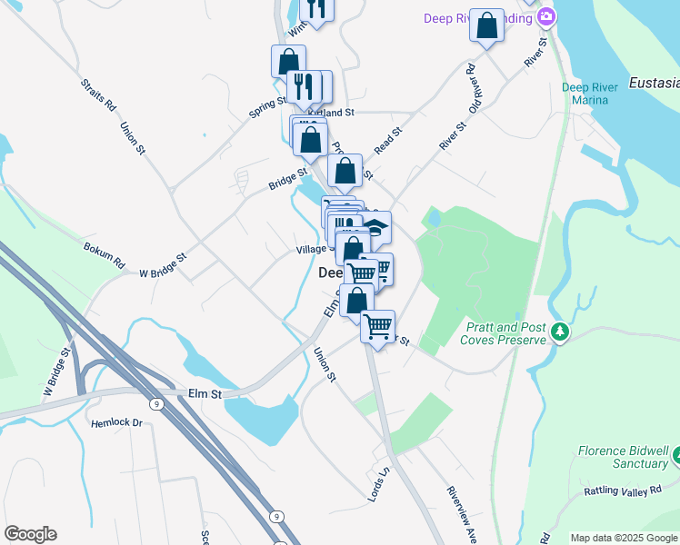 map of restaurants, bars, coffee shops, grocery stores, and more near 8 Elm Street in Deep River