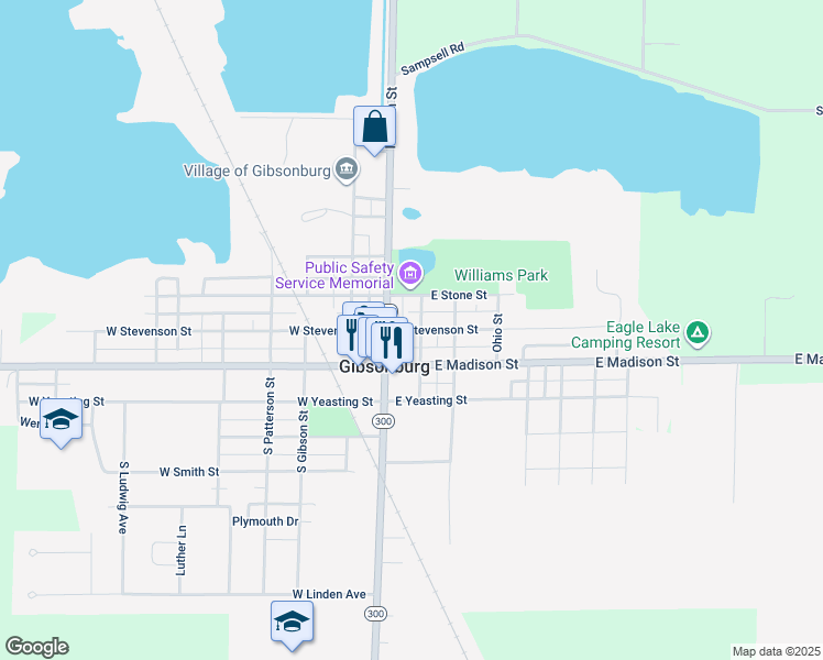 map of restaurants, bars, coffee shops, grocery stores, and more near 116 East Madison Street in Gibsonburg