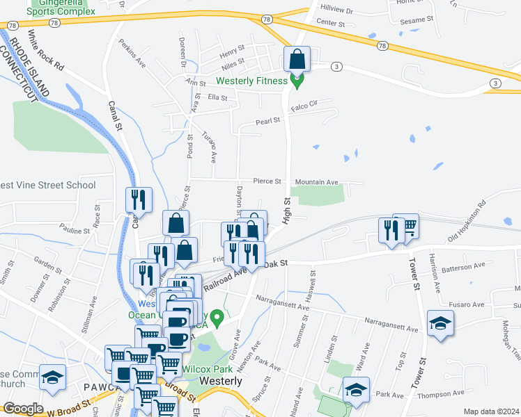 map of restaurants, bars, coffee shops, grocery stores, and more near 5 Pleasant Street in Westerly