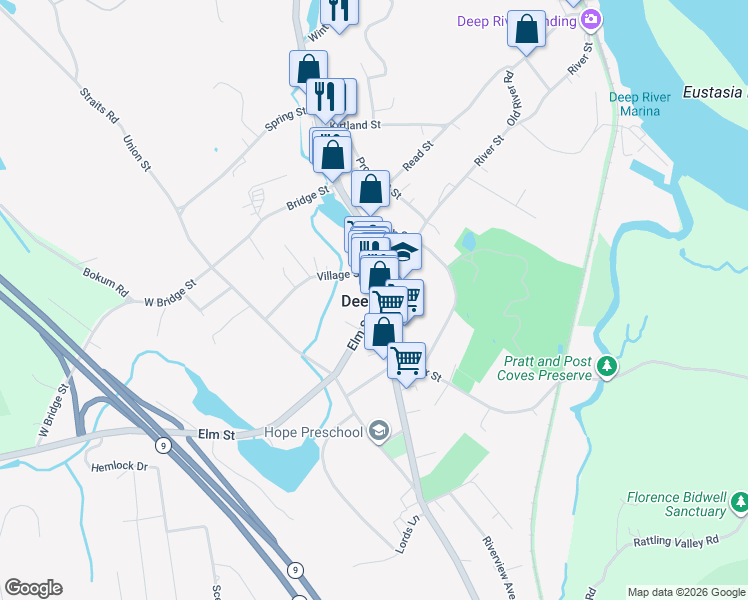 map of restaurants, bars, coffee shops, grocery stores, and more near 8 Elm Street in Deep River