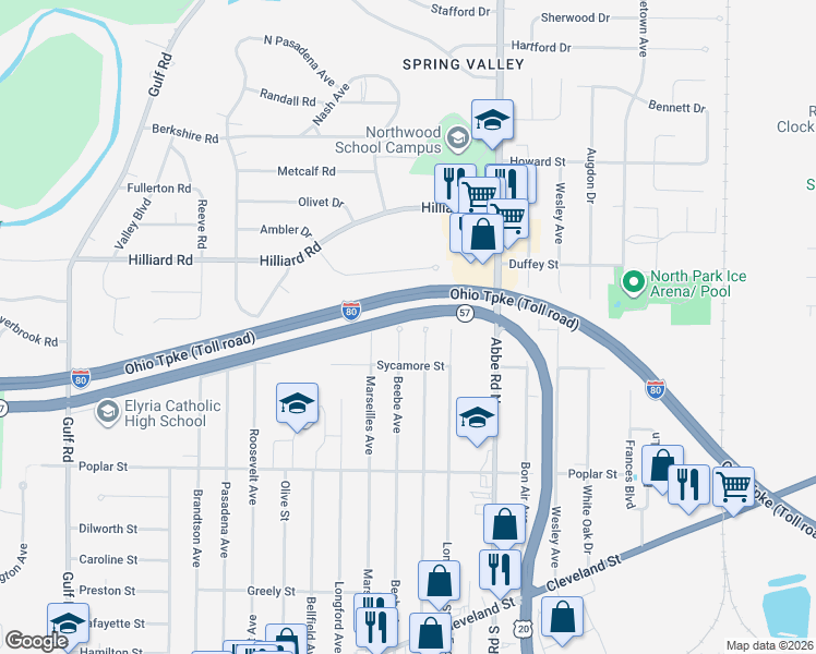 map of restaurants, bars, coffee shops, grocery stores, and more near 410 Beebe Avenue in Elyria