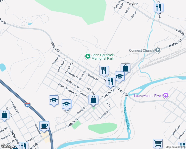 map of restaurants, bars, coffee shops, grocery stores, and more near 119 South Washington Street in Taylor