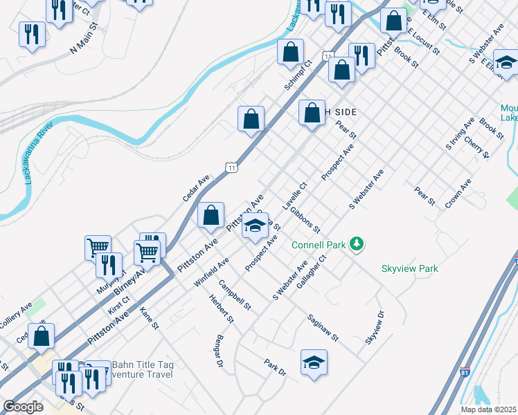 map of restaurants, bars, coffee shops, grocery stores, and more near 2129 Pittston Avenue in Scranton